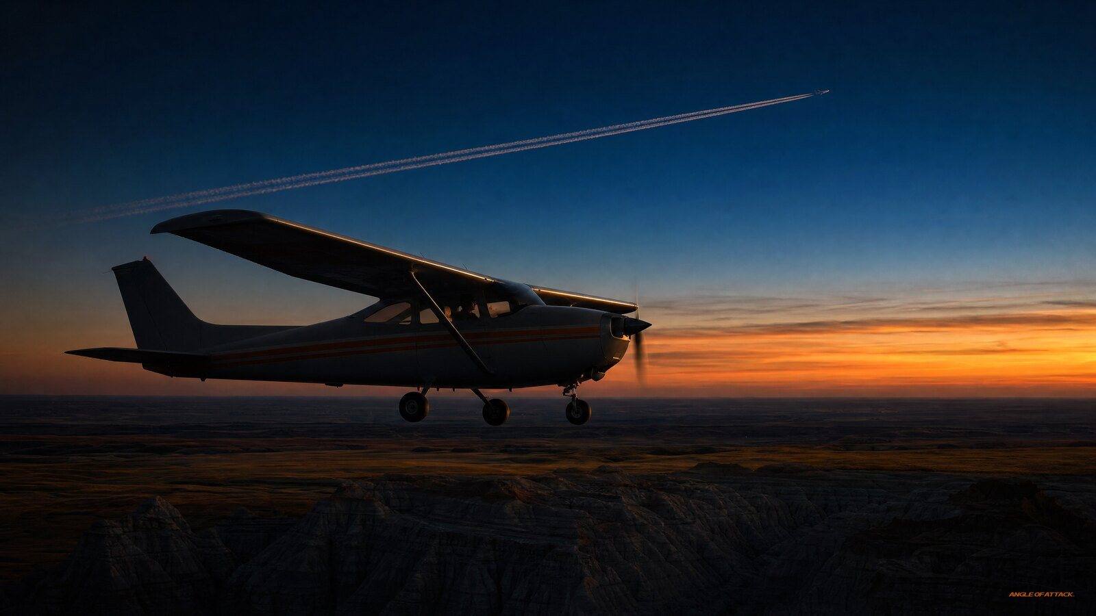 Un avion léger en vol au coucher du soleil